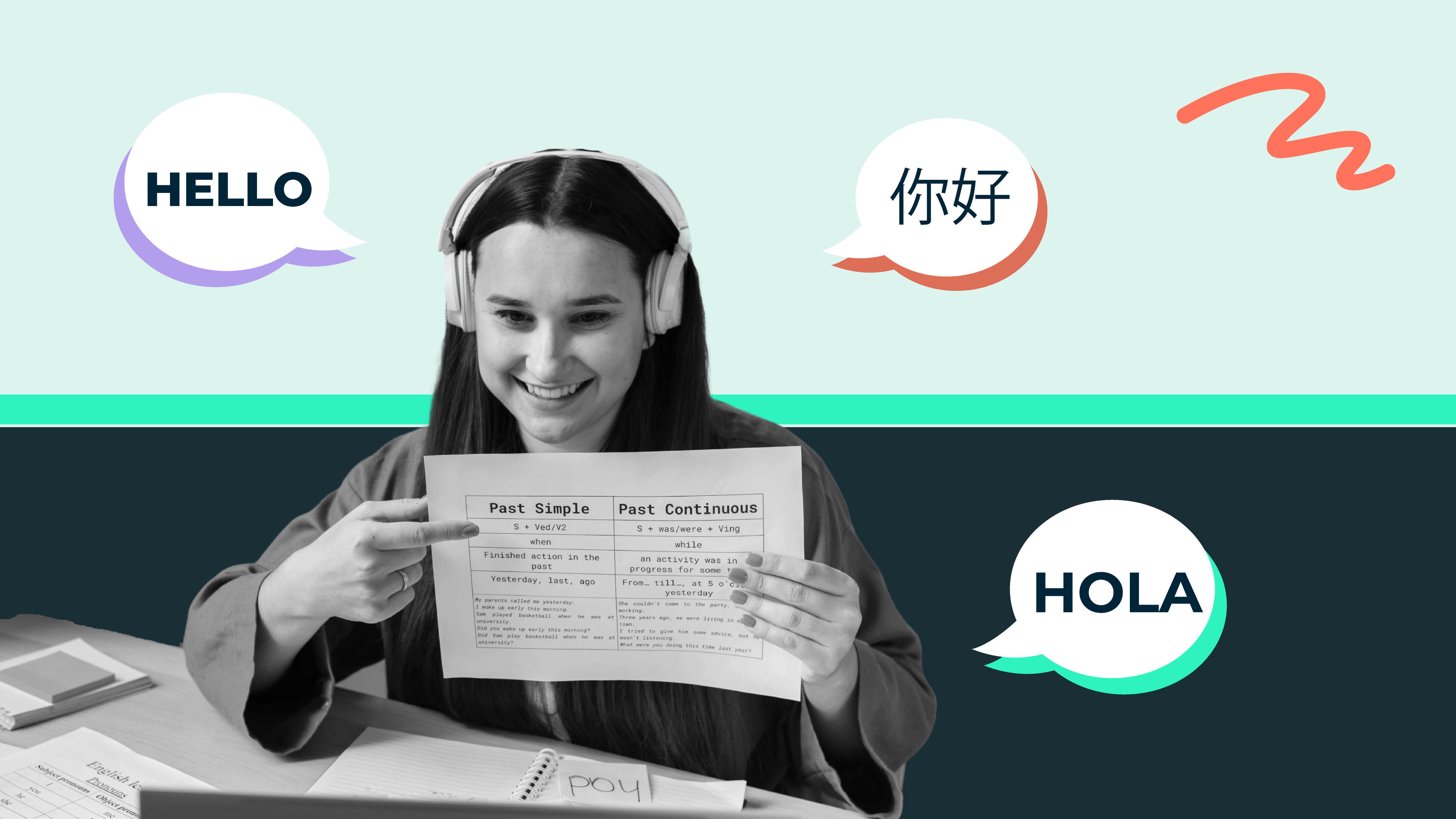 A language tutor illustrates how to say 'hello' in different languages